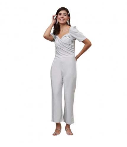 Generic Women's Polyester Shimmer Self Design Short Sleeve Jumpsuit (Silver)