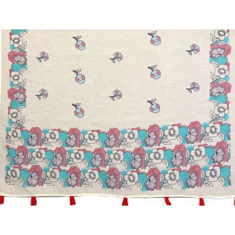 Generic Women's Linen Cotton Printed Saree With Unstitched Blouse 5.5Mtr (Off White)