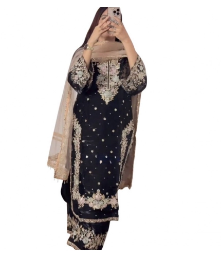 Generic Women's Silk Embroidered 3/4th Sleeve Round Readymade Kurti With Palazzo Pant and Dupatta Set (Black)