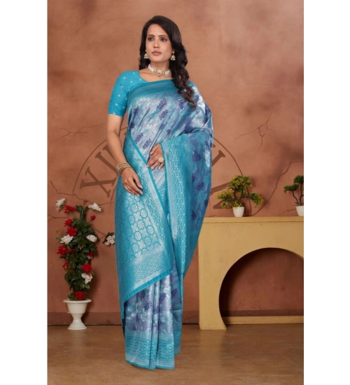 Generic Women's Banarasi Silk Jaquard Woven Saree With Unstitched Blouse 5.5Mtr (Light Blue)