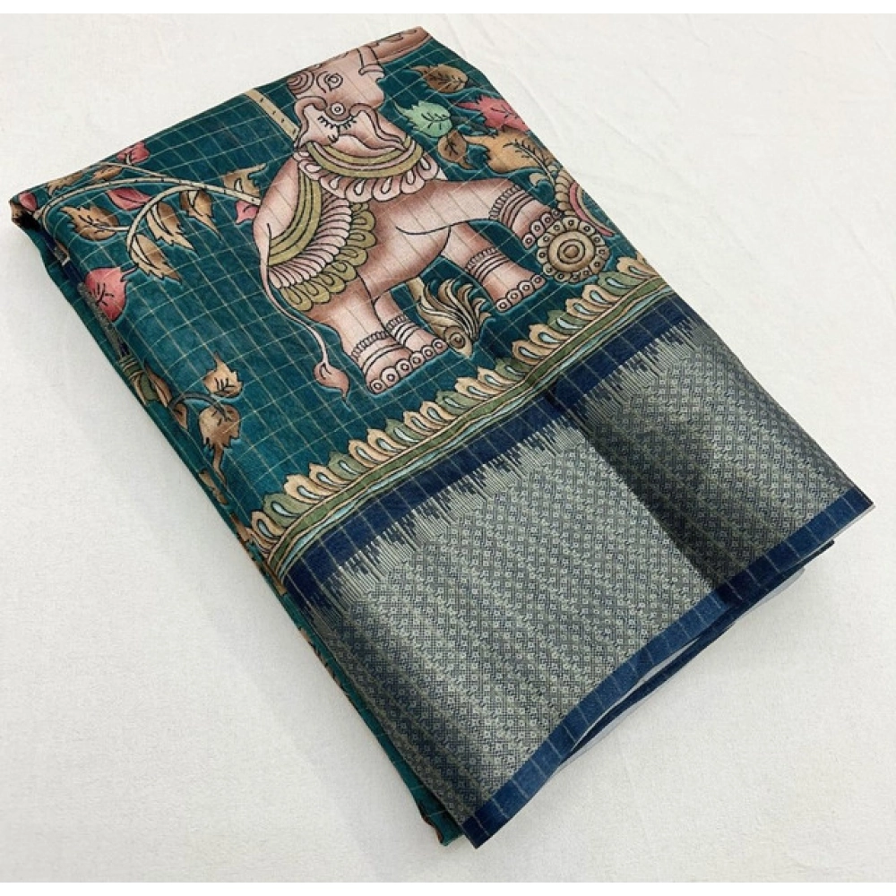 Women's Cotton Silk Printed Saree With Unstitched Blouse 5.5Mtr (Teal)