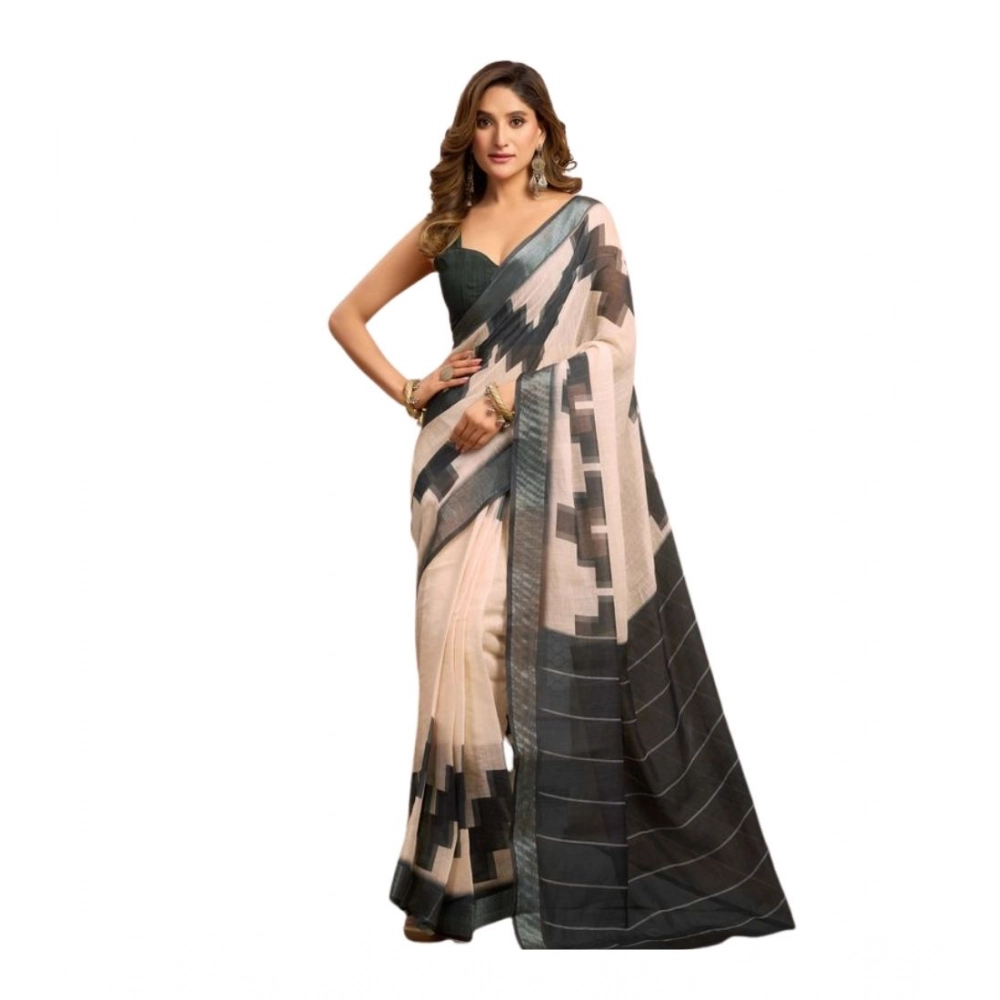 Generic Women's Linen Cotton Printed Ready To Wear With Pocket Saree With Unstitched Blouse 5.5 Mtr (Light_Beige)
