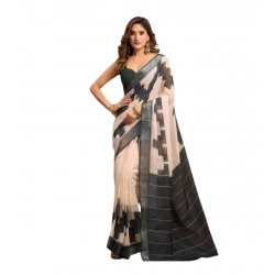 Generic Women's Linen Cotton Printed Ready To Wear With Pocket Saree With Unstitched Blouse 5.5 Mtr (Light_Beige)