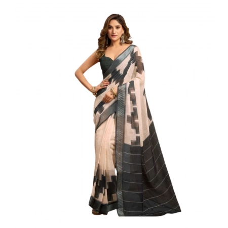 Generic Women's Linen Cotton Printed Ready To Wear With Pocket Saree With Unstitched Blouse 5.5 Mtr (Light_Beige)