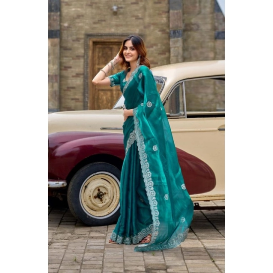 Generic Women's Faux Shimmer Geometric Ready to wear Saree With Unstitched Blouse 5.5Mtr (Teal) Generic Women's Faux Shimmer Geometric Ready to wear Saree With Unstitched Blouse 5.5Mtr (Teal)