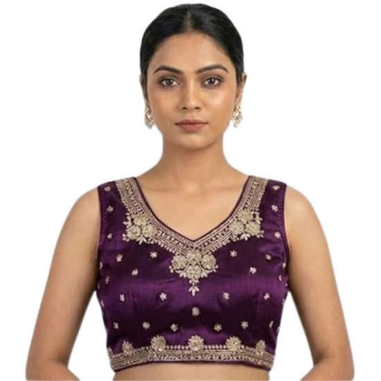 Generic Women's Silk Embroidered V-Neck Sleeveless Readymade Padded Blouse (Wine, Size 38)
