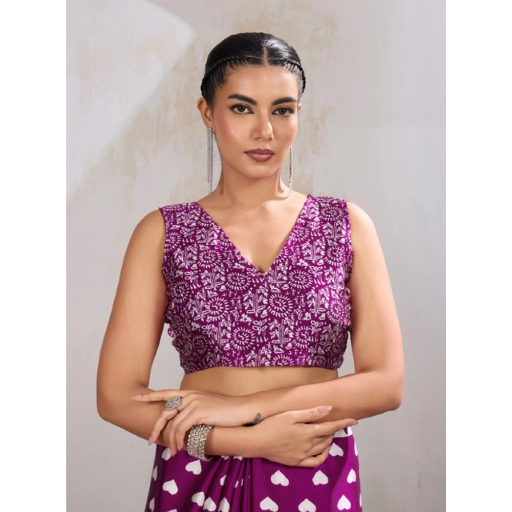 Women's Satin Crepe Printed Saree With Unstitched Blouse 5.5Mtr (Purple)