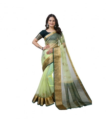 Generic Women's Organza jacquard Embellished Saree With Unstitched Blouse 5.5Mtr (Light Green)