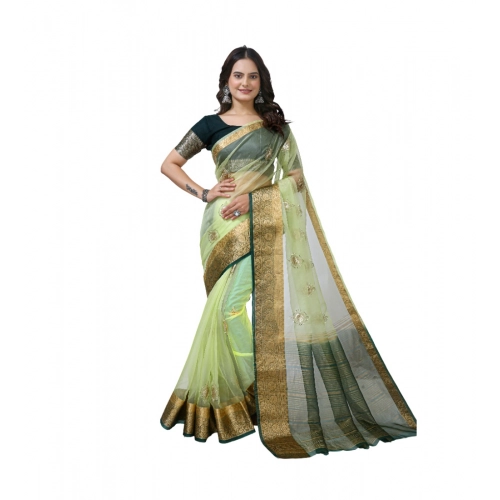 Generic Women's Organza jacquard Embellished Saree With Unstitched Blouse 5.5Mtr (Light Green)