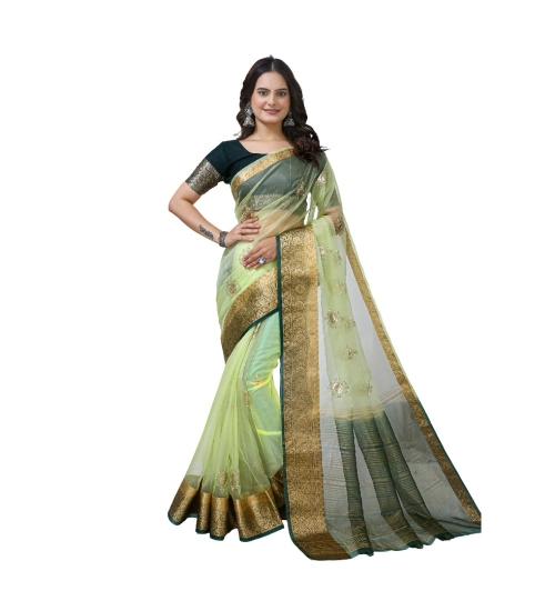 Generic Women's Organza jacquard Embellished Saree With Unstitched Blouse 5.5Mtr (Light Green)