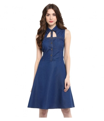 Generic Women's Denim Solid Sleeveless Dress (Navy Blue)
