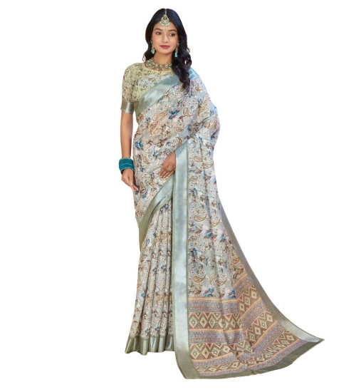 Generic Women's Printed Cotton Linen Saree withPrinted  Saree With Unstitched Blouse (Mint Green, 5-6Mtrs)