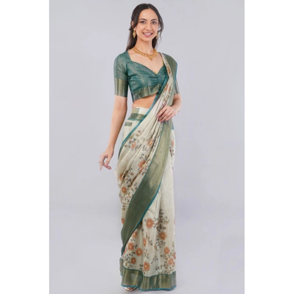 Women's Polyester Printed Ready To Wear Saree With Unstitched Blouse 5.5 Mtr (Beige)