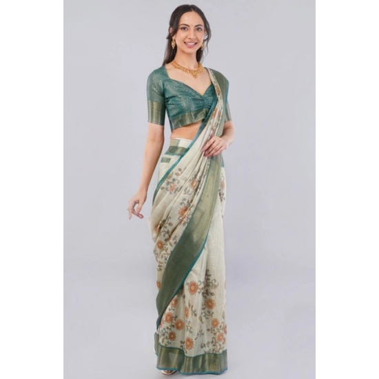 Generic Women's Polyester Printed Ready To Wear Saree With Unstitched Blouse 5.5 Mtr (Beige)