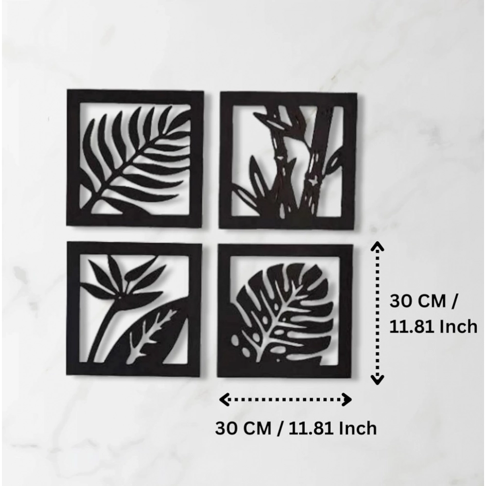 Generic 7 Decore Wooden 4 Pieces Square Tree Leaf Wall Art Panel Frame – Black (Big Size)