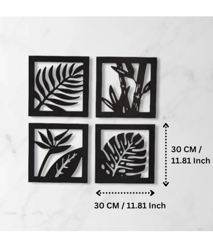 Generic 7 Decore Wooden 4 Pieces Square Tree Leaf Wall Art Panel Frame – Black (Big Size)