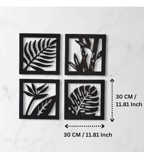 Generic 7 Decore Wooden 4 Pieces Square Tree Leaf Wall Art Panel Frame – Black (Big Size)