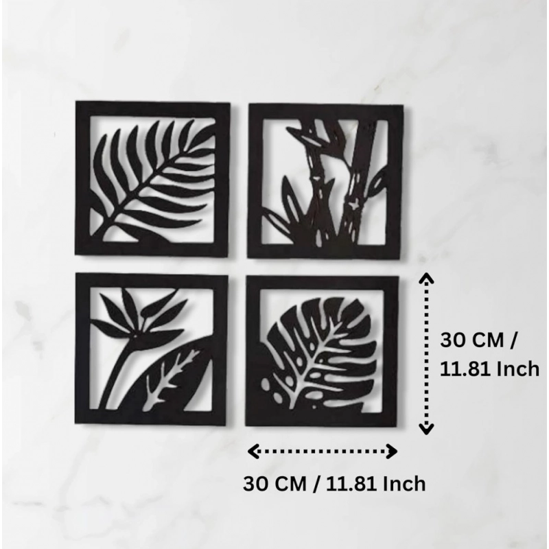 Generic 7 Decore Wooden 4 Pieces Square Tree Leaf Wall Art Panel Frame – Black (Big Size)