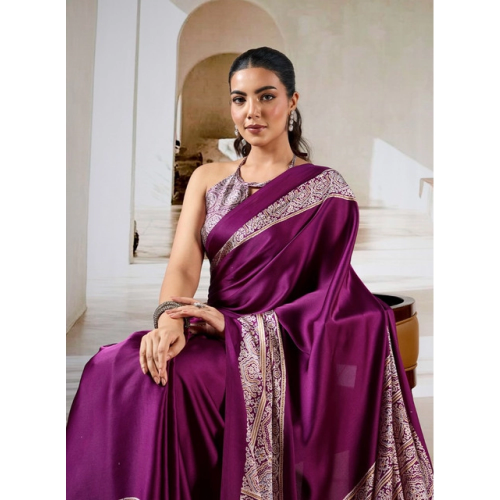 Generic Women's Satin Crepe Printed Saree With Unstitched Blouse 5.5Mtr (Purple) Generic Women's Satin Crepe Printed Saree With Unstitched Blouse 5.5Mtr (Purple)