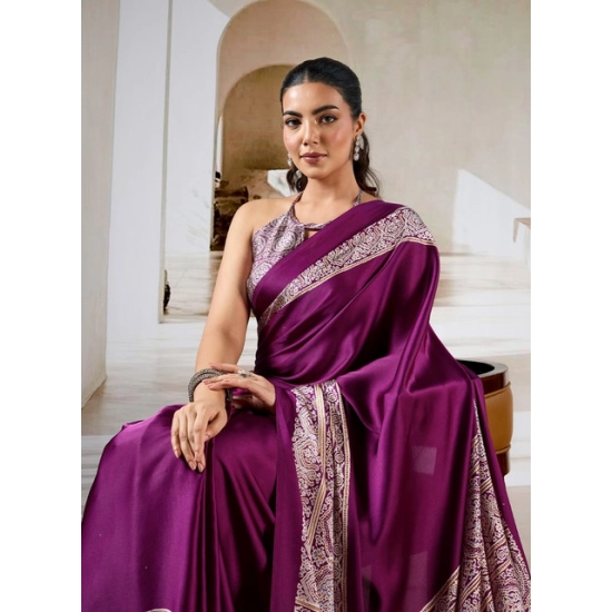 Generic Women's Satin Crepe Printed Saree With Unstitched Blouse 5.5Mtr (Purple)