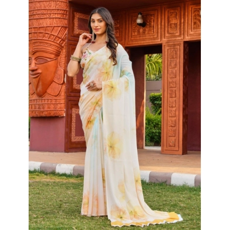 Generic Women's Georgette Floral Printed Saree With Unstitched Blouse 5.5Mtr (Off White-Yellow)
