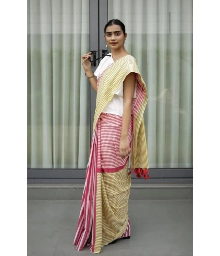 Generic Women's Linen Printed Saree With Unstitched Blouse 5.5Mtr (Yellow)