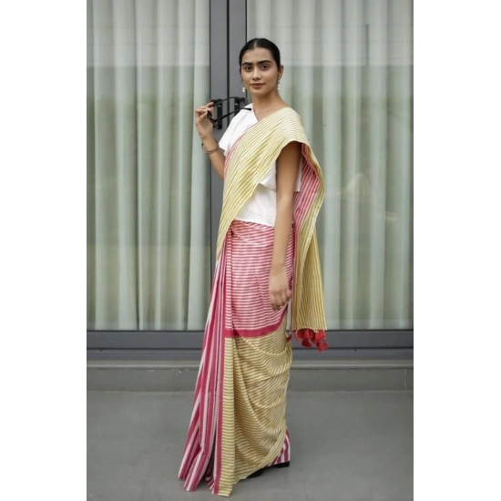 Generic Women's Linen Printed Saree With Unstitched Blouse 5.5Mtr (Yellow)