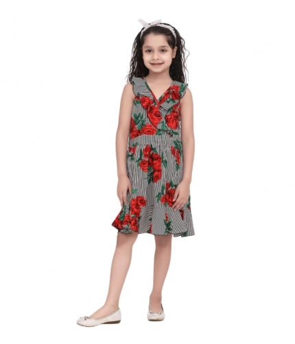 Generic Girl's Polyester Crepe Floral Shoulder Straps Dress (Red)