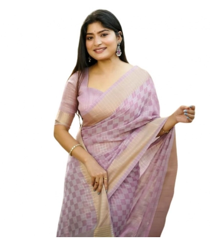 Generic Women's Silk_Blend Checked Saree With Unstitched Blouse 5.5Mtr (Lavender)