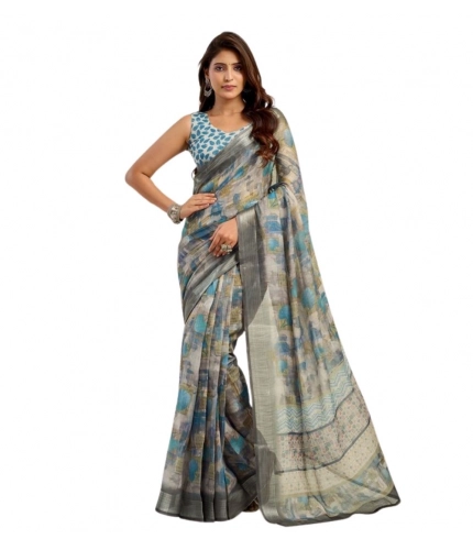 Generic Women's Faux Linen Abstract Print Ready to wear Saree With Unstitched Blouse 5.5Mtr (Grey)