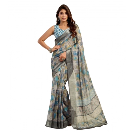 Generic Women's Faux Linen Abstract Print Ready to wear Saree With Unstitched Blouse 5.5Mtr (Grey)