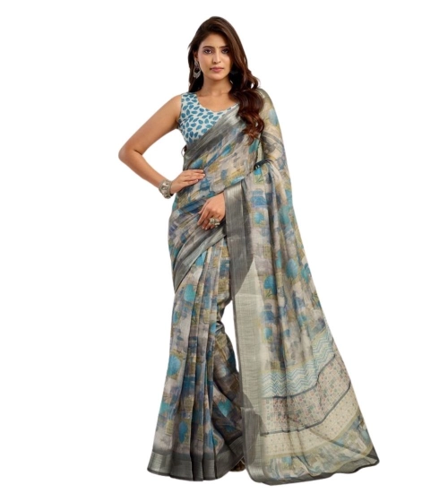 Generic Women's Faux Linen Abstract Print Ready to wear Saree With Unstitched Blouse 5.5Mtr (Grey)