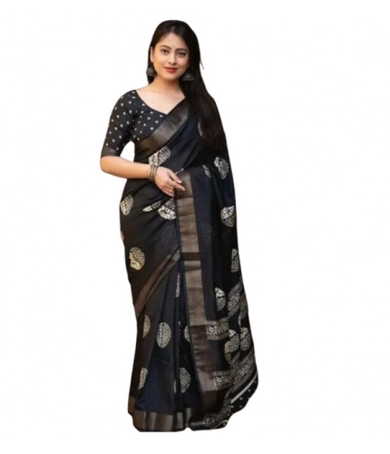 Generic Women's Cotton Silk Printed Saree With Unstitched Blouse 5.5Mtr (Black)