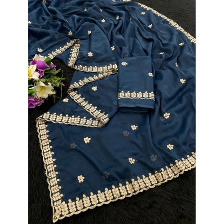 Generic Women's Georgette Embroidered Saree With Unstitched Blouse 5.5Mtr (Blue)
