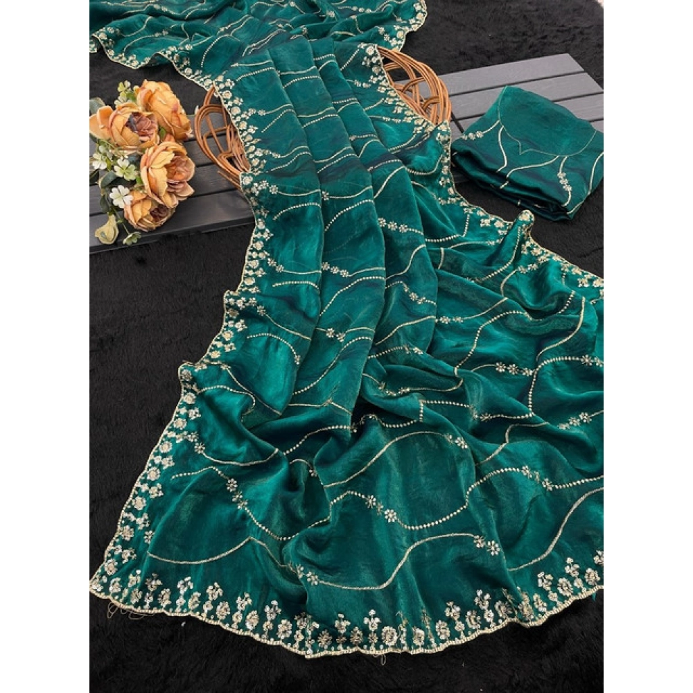 Generic Women's Jimmy Choo Embellished Saree With Unstitched Blouse 5.5Mtr�(Bottle Green)