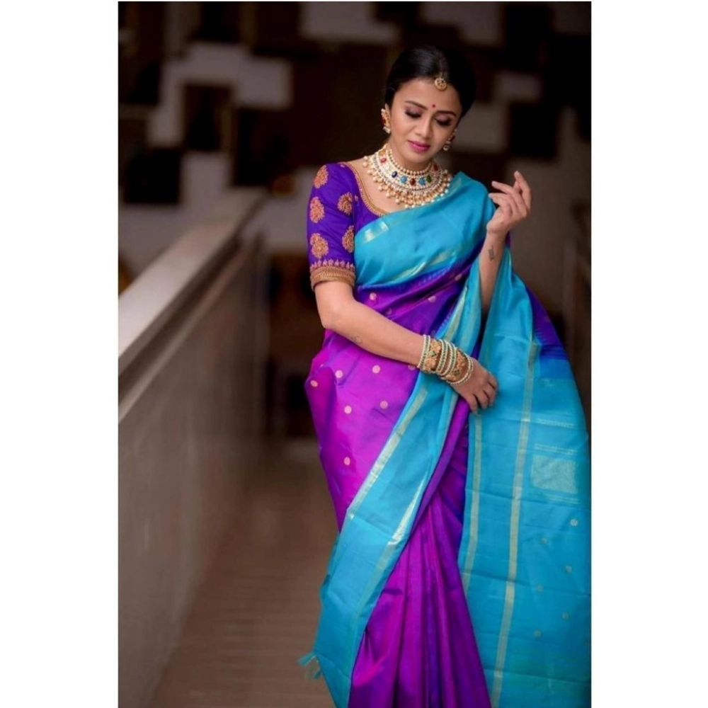 Generic Women's Soft Litchi Silk Jacquard Work Saree With Unstitched Blouse 5.5Mtr (Purple) Generic Women's Soft Litchi Silk Jacquard Work Saree With Unstitched Blouse 5.5Mtr (Purple)