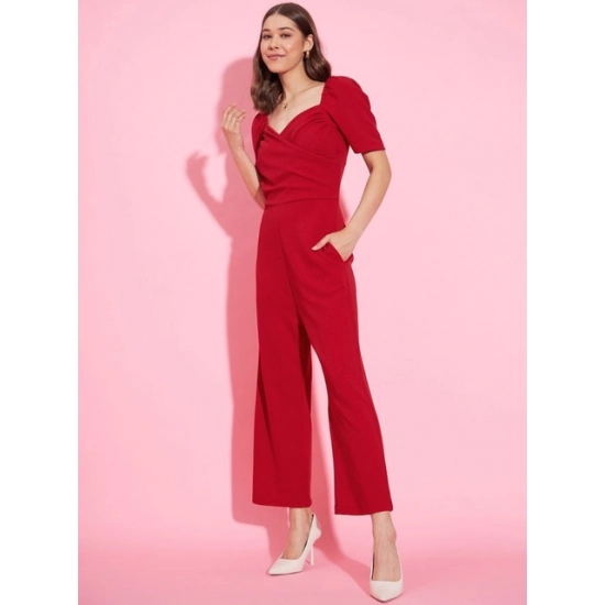 Generic Women's Polyester Lycra Solid Puff Sleeve Jumpsuit (Red) Generic Women's Polyester Lycra Solid Puff Sleeve Jumpsuit (Red)