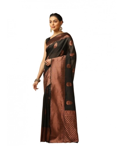 Generic Women's Soft Lichi Silk Printed Saree With Unstitched Blouse 5.5Mtr (Black)