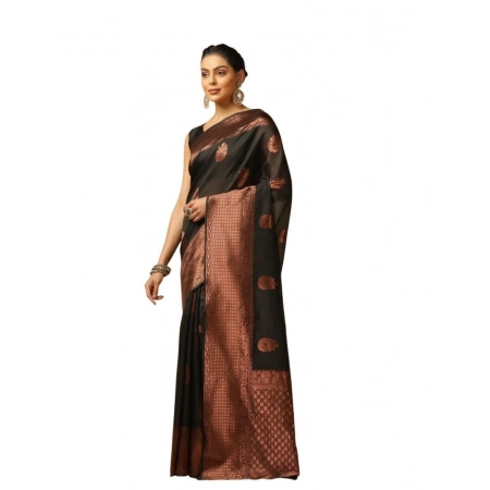 Generic Women's Soft Lichi Silk Printed Saree With Unstitched Blouse 5.5Mtr (Black)