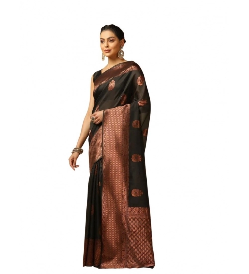 Generic Women's Soft Lichi Silk Printed Saree With Unstitched Blouse 5.5Mtr (Black)