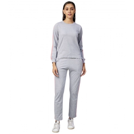 Generic Women's Cotton Solid Long Sleeves Tracksuit (Light Grey - Pink)