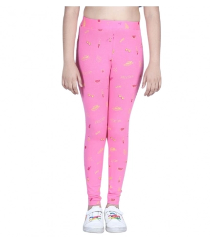 Generic Girl's Cotton Lycra Printed Elasticated Leggings (Pink)