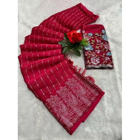 Generic Women's Georgette Striped Saree With Unstitched Blouse 5.5Mtr (Red)