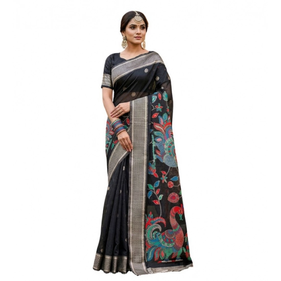 Generic Women's Linen Cotton Floral Embroidered Saree With Unstitched Blouse 5.5Mtr (Black)
