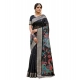 Generic Women's Linen Cotton Floral Embroidered Saree With Unstitched Blouse 5.5Mtr (Black)