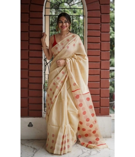 Generic Women's Soft Lilan Printed Saree With Unstitched Blouse 5.5Mtr (Cream)