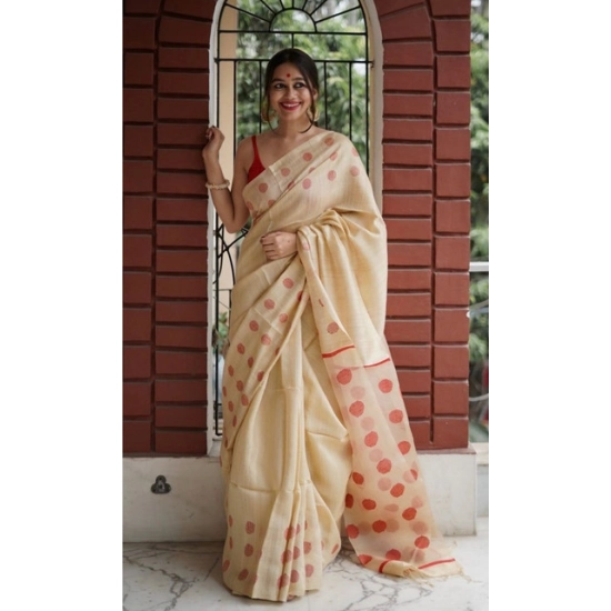 Generic Women's Soft Lilan Printed Saree With Unstitched Blouse 5.5Mtr (Cream)