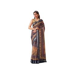 Generic Women's Faux_Linen Printed Saree With Unstitched Blouse 5.5Mtr (Navy_Blue)