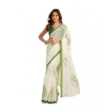 Generic Women's Faux_Linen Printed Ready-to-Wear Saree With Unstitched Blouse 5.5 Mtr (White)