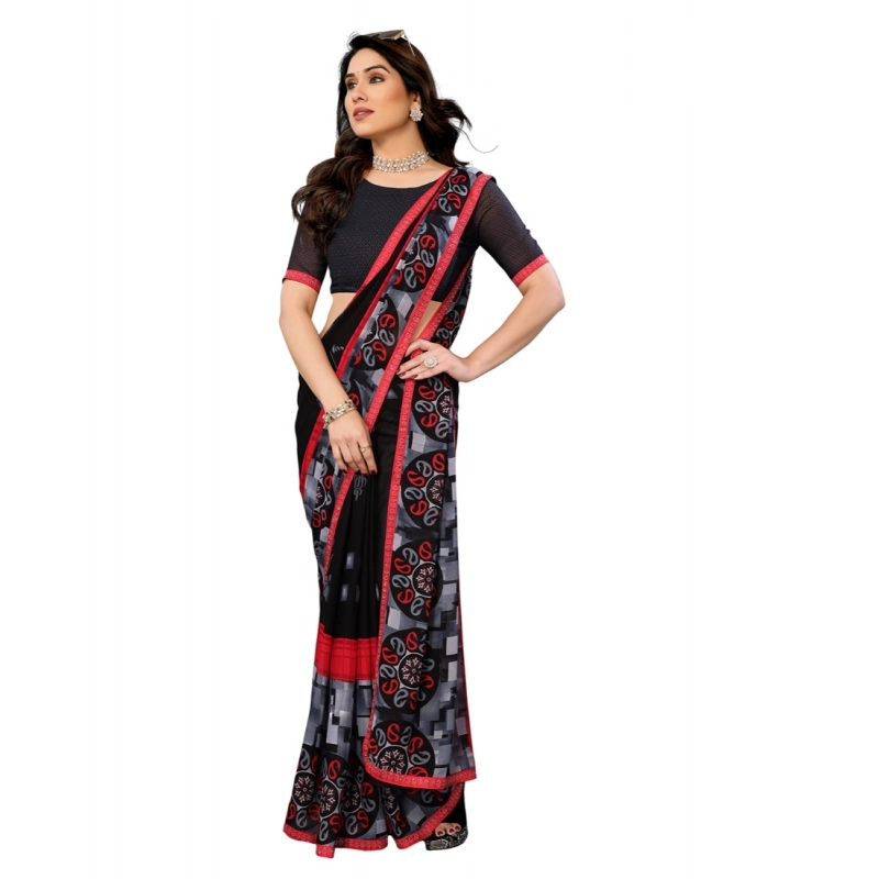 Women's Georgette Printed Saree With Unstitched Blouse 5.5Mtr (Black)
